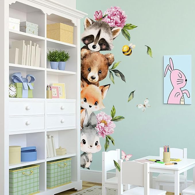 Woodland Animal Peeking Wall Decals, Removable Nursery Jungle Animals Butterflies, Flowers Wall Stickers for Kids, Boys and Girls Room, Bedroom & Toddler Room Door Decor (Animal Door Decals 61) - Image 8