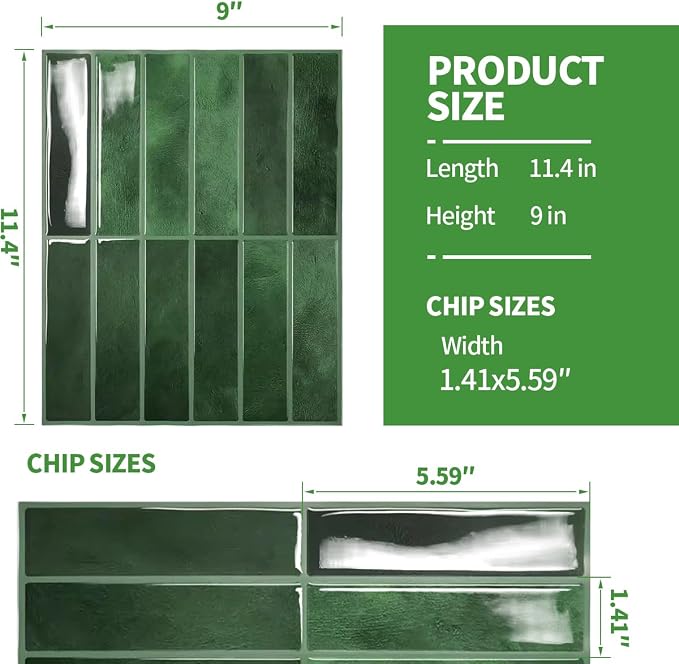 Peel and Stick Backsplash 3D Wall Tiles,Self-Adhesive,Oil Proof,Waterproof, Removable Wall Panels for Kitchen & Bathroom,Modern Design, Easy Install (10.7ft，12x9 inch,14 Pack) (Green) - Image 5