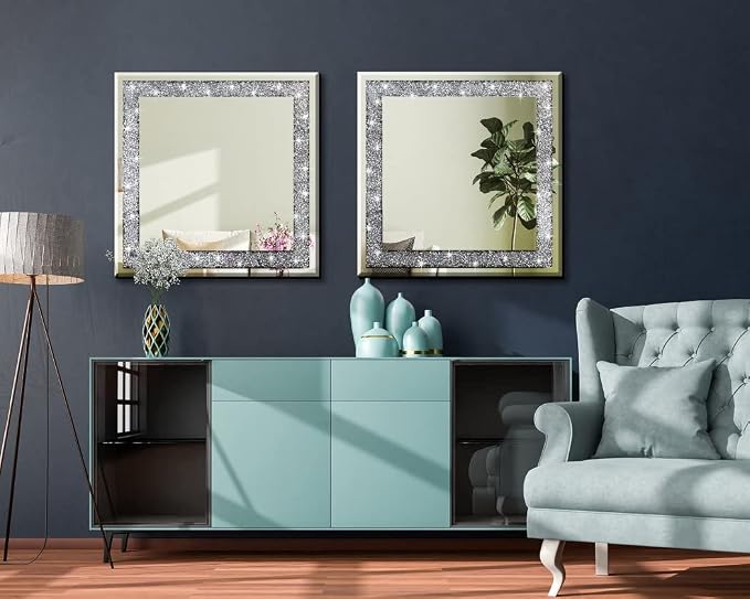 20" Square Crushed Diamond Silver Glass Mirror for Wall Decor - Image 5