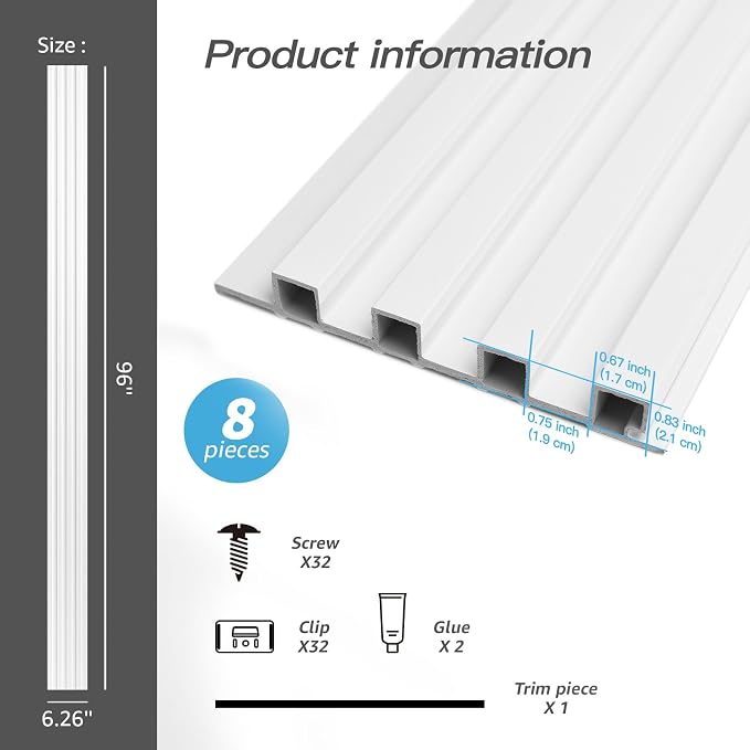 Art3d 96 x 6 Inch WPC Wood Diffuser Slat Wall Panel, 8-Pack, Matte White | Fluted Design, Durable, Moisture Resistant, Cleanable, Easy to Install, Eco-Friendly, for Living Room, Bedroom or Office - Image 4