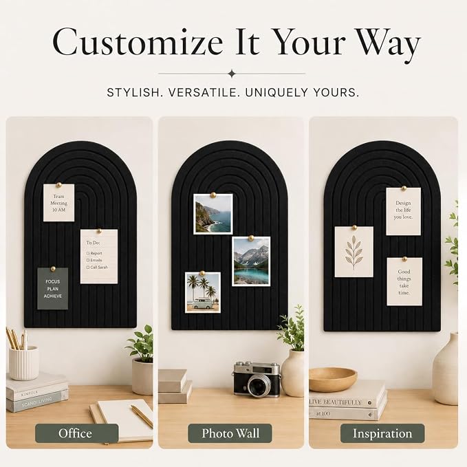 Large Arched Felt Bulletin Board, Sized 36" x 24" for Office & Wall Decor – 6 Customizable Adhesive Tiles with Pins are Perfect to Display Your Photos (Black-A) - Image 5