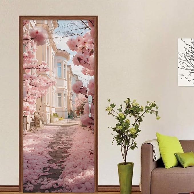 REDAMANCY Pink Cherry Flower Blossom Pathway Landscape Peel and Stick Door Stickers Vinyl 3D Door Mural Decals Decor Wallpaper Self-Adhesive, Waterproof, Removable - Image 4