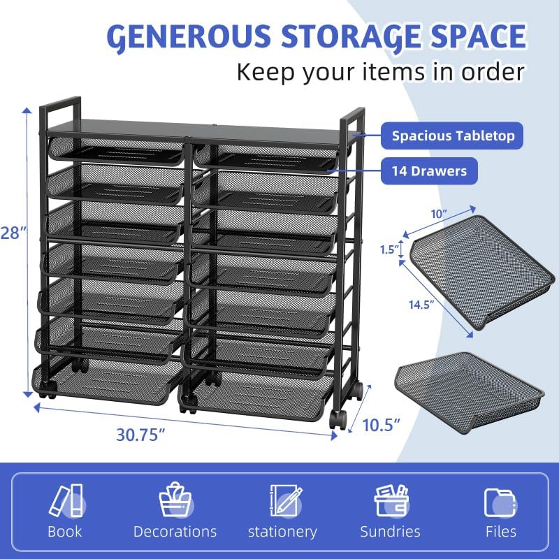 Simple Trending 15-Tier Rolling File Cart, Desk File Organizer with 14 Mesh Sliding Trays, Letter & Legal Paper Storage Rolling Utility Cart for Office Home School, Black - Image 2