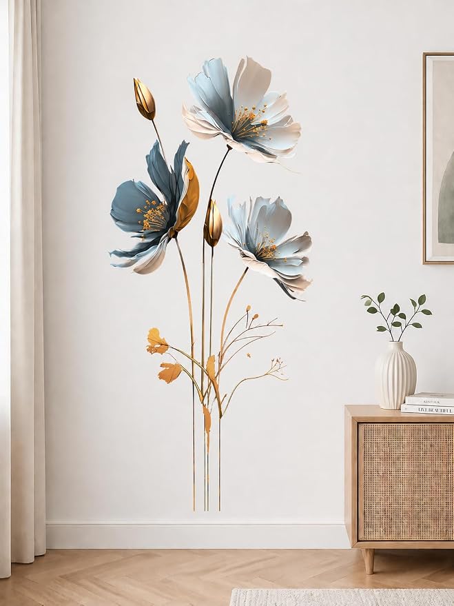 Blue & Gold Floral Wall Decal for Bedroom Living Room, Semi-Transparent Vinyl Peel and Stick Wall Sticker, Waterproof Removable Modern Flower Wall Art for White Walls by Bawiked