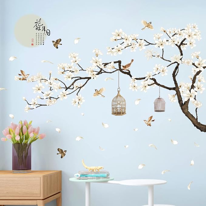 LiveGallery White Peach Blossm Flowers Wall Stickers Chinese Style Tree Branches Wall Decals Removable DIY Ancient Poems Petal Moon Birdcage Wall Art Murals for Girls Bedroom TV Background (Right) - Image 5