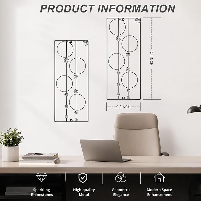 ZEXUIRU 2 Pcs. Abstract Metal Art for Wall Decor Living Room Bedroom Bathroom Office Metal Bling Modern Geometric Hanging Vertical Small Iron Sculpture Plaque Pack -Black 24in - Image 4