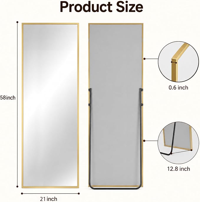 Antok Full Length Mirror, 58"x21" Floor Mirror with Stand, Gold, Rect - Image 7