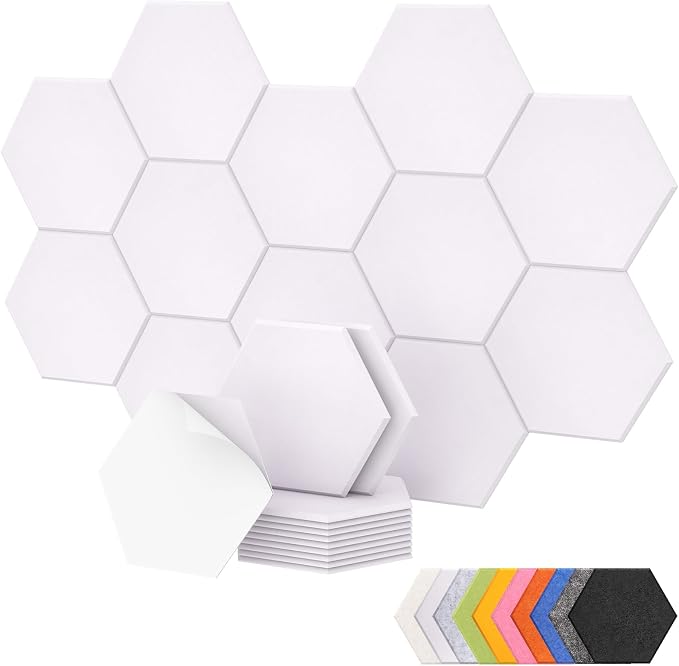 12 Pack Self-adhesive Hexagon Acoustic Panels, TONOR 12"x 10"x 0.4" High Density Sound Proof Panel for Walls, Sound Deadening Insulation Treatment Foam Panel for Recording, Podcasting, Streaming White by TONOR
