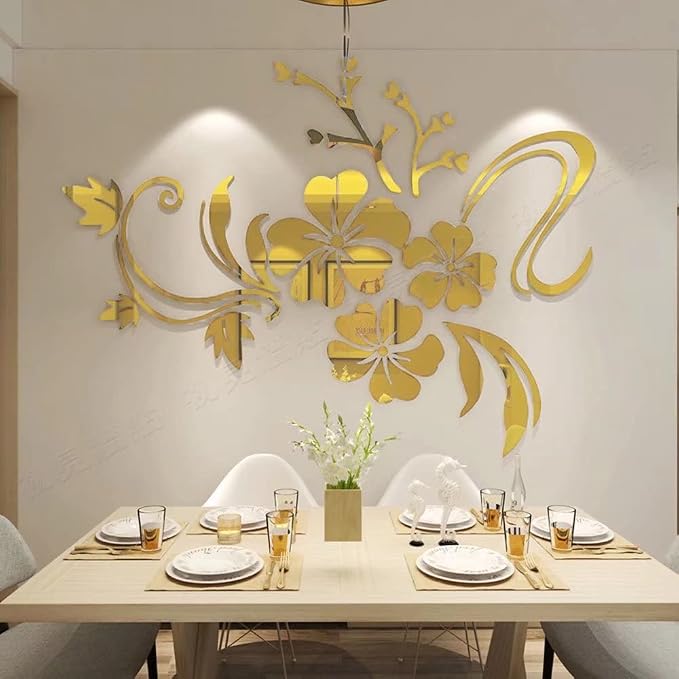 Wall Stickers 3D Flower Mirror - Family Decal Living Room Wall Decor Sticker Home Decorations Room Decor for Office Sofa Bedroom Decals (Golden XS:15 * 23in) - Image 2