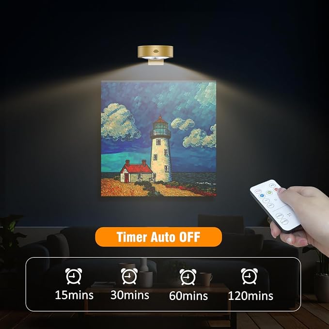3Pack Picture Light Battery Operated Painting Lights for Wall Wireless Magnetic Display Art Light with Remote Control,Dimmable&Timer Portrait Light for Art Frame Artworking,Wall Decor Puck Lights-Gold | 3Pcs Wireless Magnetic Display Art Light with Dim... - Image 4