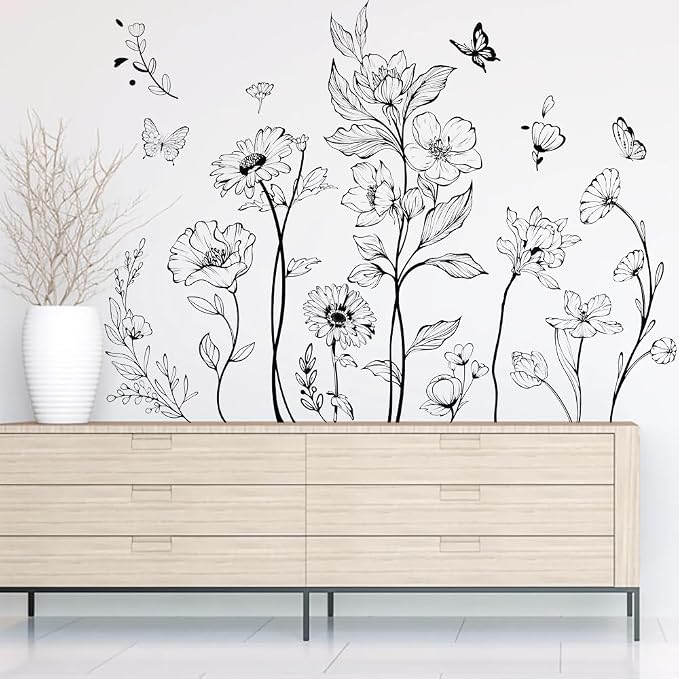 Runtoo Boho Black Flower Wall Decals Simple Wildflower Floral Wall Stickers for Girls Bedroom Nursery Home Decor - Image 2