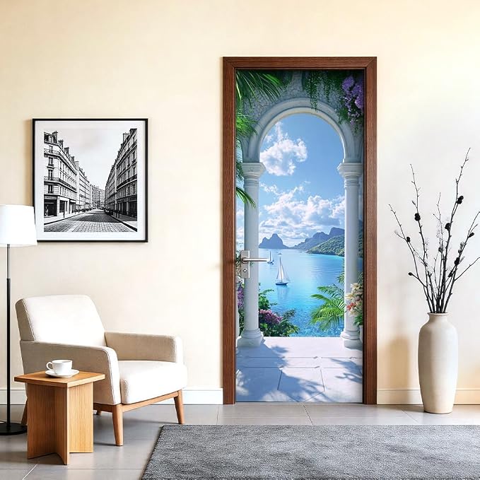 Tropical Ocean Arch Door Mural, Sailboat Coastal Door Cover | Waterproof PVC, 30.3" W x 78.7" L; tropical arch and sailboat scene for bedroom, entryway, office or closet. - Image 6