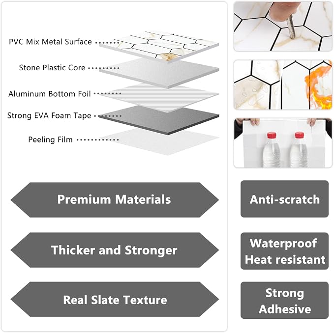 Vamos Tile Long Hexagon Peel and Stick Backsplash Tile - 10 Sheets Stick on Backsplash for Kitchen and Bathroom 12.4 x 12 Inch Calacatta Gold PVC Self Adhesive Mosaic Wall Tiles - Image 3