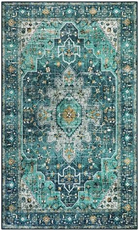 Moynesa Ultra-Thin Washable Vintage Area Rug - 3x5 Boho Entry Throw Rug Non-Slip Oriental Medallion Bedroom Mat Non-Shedding Indoor Floor Carpet for Living Laundry Room, Teal/Mutil by Moynesa