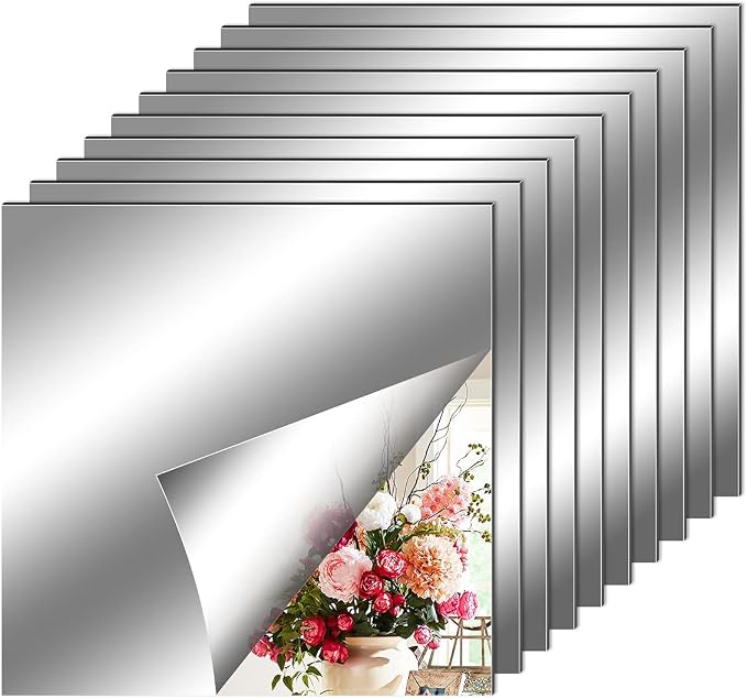 Fantasyon 10 Pieces Flexible Mirror Sheets, Self Adhesive Decorative Plastic Mirror Tiles Non-Glass Mirror Stickers for School Educational and Home Wall Decor(8x8 Inch) by Fantasyon