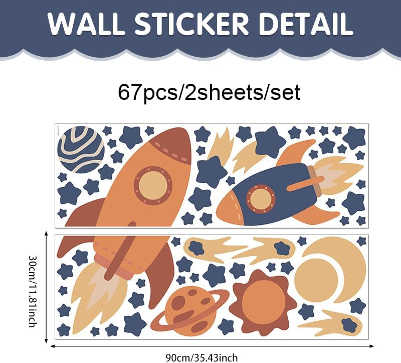 Outer Space Wall Decals, Peel and Stick Rockets Stars Planet Wall Stickers, Space Themed Wall Decor for Baby Nursery Kids Bedroom Boys Playroom Decoration - Image 2