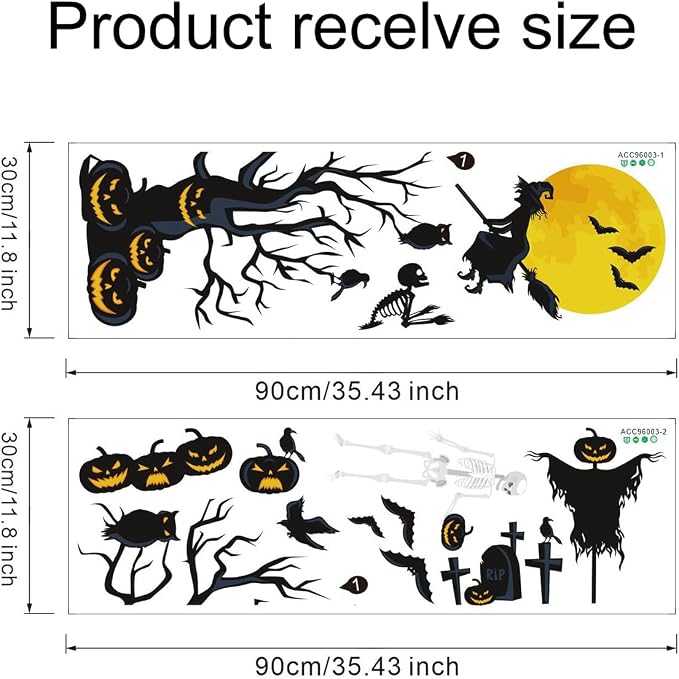 Halloween Wall Decals Large Spooky Dead Tree Pumpkin Wall Sticker Witch Flying to Moon Skeleton Bats Owl Graves Removable Vinyl Window Clings DIY Haunted House Holiday Home Party Decorations - Image 2