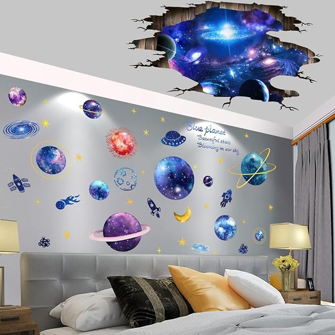 Quanhaigou Blue Purple Galaxy Wall Decals, Removable Sticker,The Art Magic 3D Milky Way Cosmic Stars Spacecraft Dreamscape Home Decor for Bedroom Living Room Floor Ceiling Kids Room - Image 4