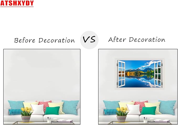 Fake Window Wall Decal- Summer Mountains Lake Forest Open Art Sticker | Faux Window Natural Scenery Landscape Mural ｜ Stick and Peel Wall Decals｜Room Bedroom Office Decor｜48"x32",Set of 2 Sheets - Image 3