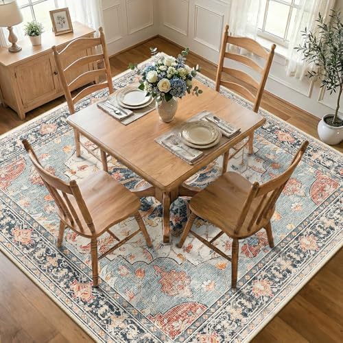 RELEANY Washable Area Rug, Square 8'x8', Beige/Blue/Orange - Image 3