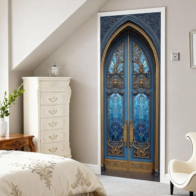 Gothic Door Mural, Blue Stained Glass Ornate Door Cover | Waterproof PVC, 30.3" W x 78.7" L; blue gothic glass design for entryway, bedroom, hallway, office or closet doors. - Image 5