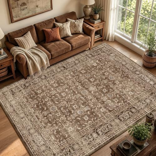 4x6 Ft Area Rugs for Living Room, Soft Non-Slip Machine Washable Rug, Vintage Stain Resistant Carpets for Bedroom Nursery Dining Room Home Decor (Brown) - Image 2