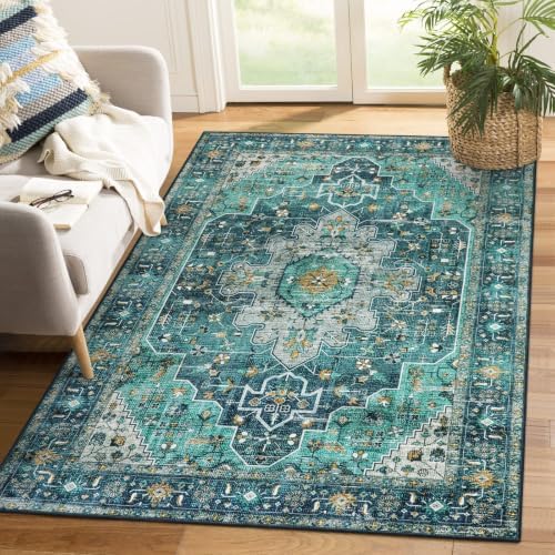 Moynesa Ultra-Thin Washable Area Rug - 4x6 Teal Living Room Rug Oriental Rugs for Bedroom, Non Slip Non Shedding Low Pile Entryway Carpet for Bedroom Dressing Room Office by Moynesa