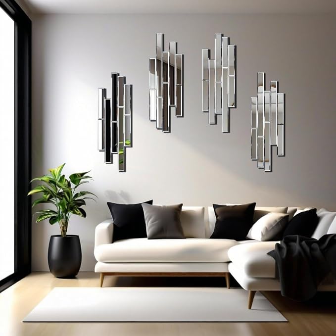 Artisan Set of 4 Silver Beveled Wall Decor Mirrors - 24x8 Inch Each, Creative Combination Design for Modern & Farmhouse Home Decor, Shatter-Resistant Glass with Wood Backing - Image 2