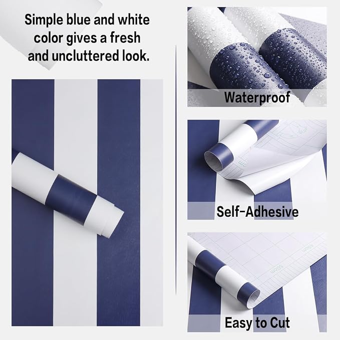 Jeweluck Blue Striped Wallpaper Peel and Stick Wallpaper 17.7”x196.8” | Blue and White Contact Paper Stripe Wall Paper Waterproof Removable Self Adhesive Decorative for Accent Walls Cabinets Vinyl - Image 5