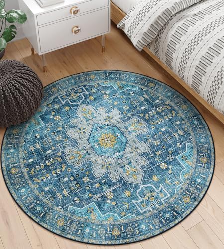 Moynesa Ultra-Thin Washable 5ft Round Rug - Teal 5x5 Circle Rugs for Living Room, Vintage Dining Room Mat Stain Resistant Nursery Carpet for Bedroom Mudroom Kitchen Apartment Home Office - Image 3