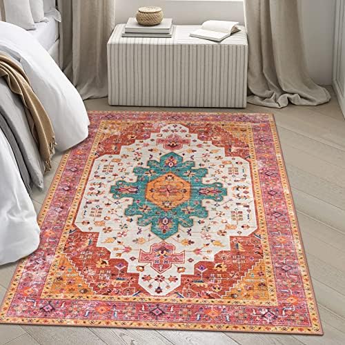 Moynesa Ultra-Thin Washable Area Rug - 4x6 Pink Rugs for Bedroom Girls Vintage Rug for Living Room, Non Slip Non Shedding Low Pile Indoor Throw Carpet for Nursery Office Entryway Kitchen Foyer - Image 7