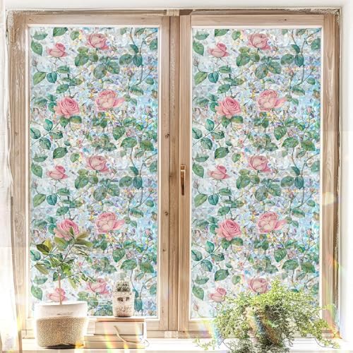 Retro Flowers Window Privacy Film, Magnolia Stained Glass Decorative Window Film for Glass, Rainbow Stained Window Cling Sticker Floral Removable Static Cling for Window (1, Roses, 17x157.5in) - Image 3