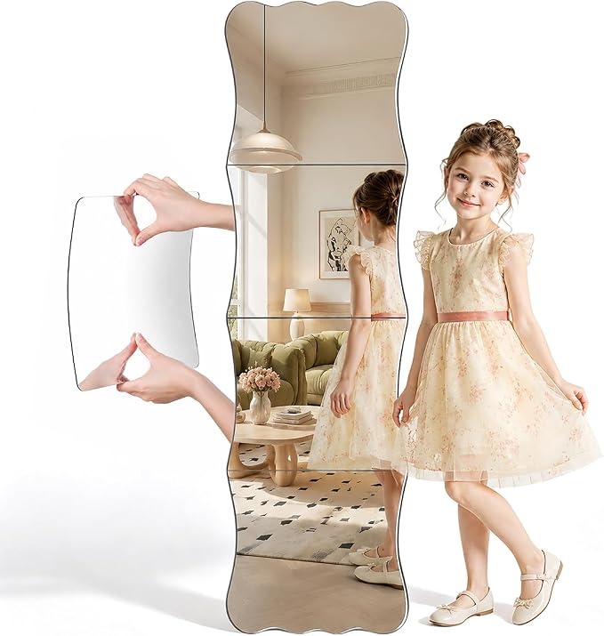 Wavy Shatterproof Full Length Mirror Tiles (4 Pack), 47" x 12" Frameless Acrylic Wall Mirror, 2mm Thick Unbreakable Body Mirror with Adhesive for Kids, Home Gym, Bedroom, Door & Dorm by CEUQIESO