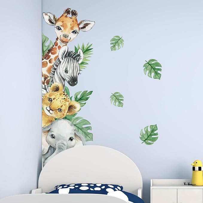 Supzone Jungle Animal Wall Stickers - Cartoon Animal Wall Decals with Giraffe, Zebra, Elephant & Green Leaves - Wall Art Stickers for Kids, Baby Nursery, Bedroom, Playroom & Kindergarten Decor - Image 5