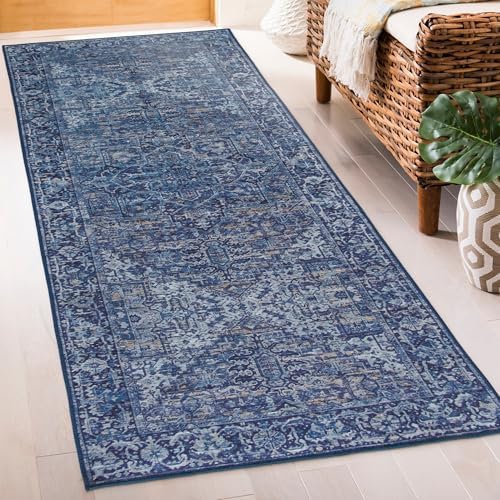 ReaLife Rugs Machine Washable Area Rug Runner - Living Room Bedroom Bathroom Kitchen Entryway Office - Padded Low Pile Stain Resistant Premium - Boho Vintage Traditional - Lyle - Blue 2'6" x 8' by ReaLifeRugs