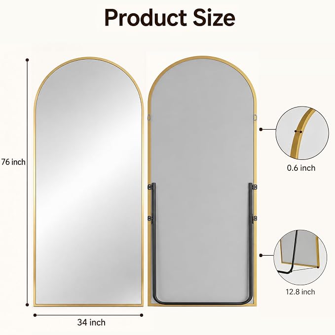 Antok Full Length Mirror, 76"x34" Floor Mirror with Stand, Gold, Arched - Image 7