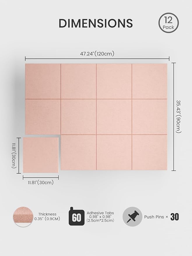 Bumusty 48"x 36" Large Felt Bulletin Board Tiles, Pink | 12-Pack Cork Board Alternative, Wall Decor, 30 Pushpins, 60 Adhesive Tabs, Vision Board, Office, Classroom, Home, Dorm - Image 2
