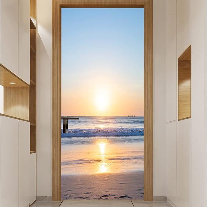artfanke 3D Sunrise Ocean Door Sticker Peel and Stick 30.3"x78.7"- Self-Adhesive Door Murals Wallpaper Decal for Living Room Bedroom Decor(2 Sheets/Set) - Image 3
