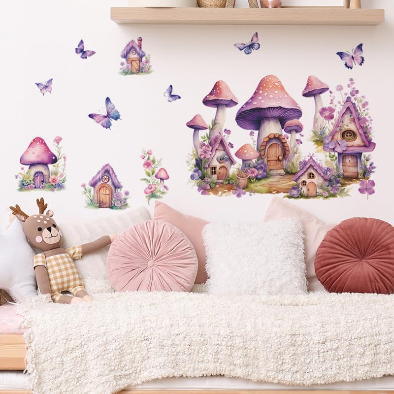 2 Sheets Purple Cartoon Mushroom House Wall Stickers Removable DIY Green Plants and Flower Wall Stickers Viny Purple Butterfly Wall Decal for Girls Home Nursery Bedroom Bathroom Decoration - Image 3