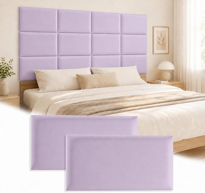 Anti Collision Wall Padding for Kids, Upholstered 3D Wall Panels | 4 Packs 7.8'' x 15.7'' Peel and Stick Headboard, Self Adhesive Wall Pads for Kids, Bedroom, Living Room, Light Purple by Umedol