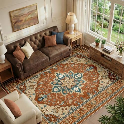 RELEANY Washable Area Rug, 6'x8', Red/Orange/Blue/Brown by RELEANY