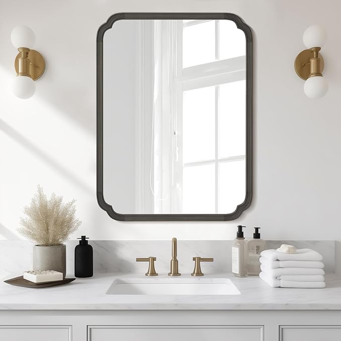 WallBeyond 28" x 40" Rounded Corner Arch Wall Mirror with Wood Frame for Entryway, Living Room or Bedroom Home Decor - Light Woodgrain [28 x 40 inches, Black] by WallBeyond