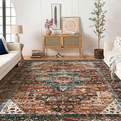 Moynesa 8x10 Ultra-Thin Vintage Area Rug - Oriental Print for Bedroom, Living Room, Under Table, Office, Entryway - Brick Red/Dull Teal - Image 7