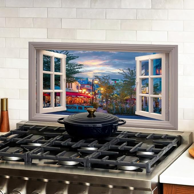 European Cafe City Kitchen Backsplash Peel and Stick, 30x16 in | Window view of evening cafe street with warm lanterns and awnings; flat 2D waterproof peel and stick; wipe clean; 30x16 in - Image 2