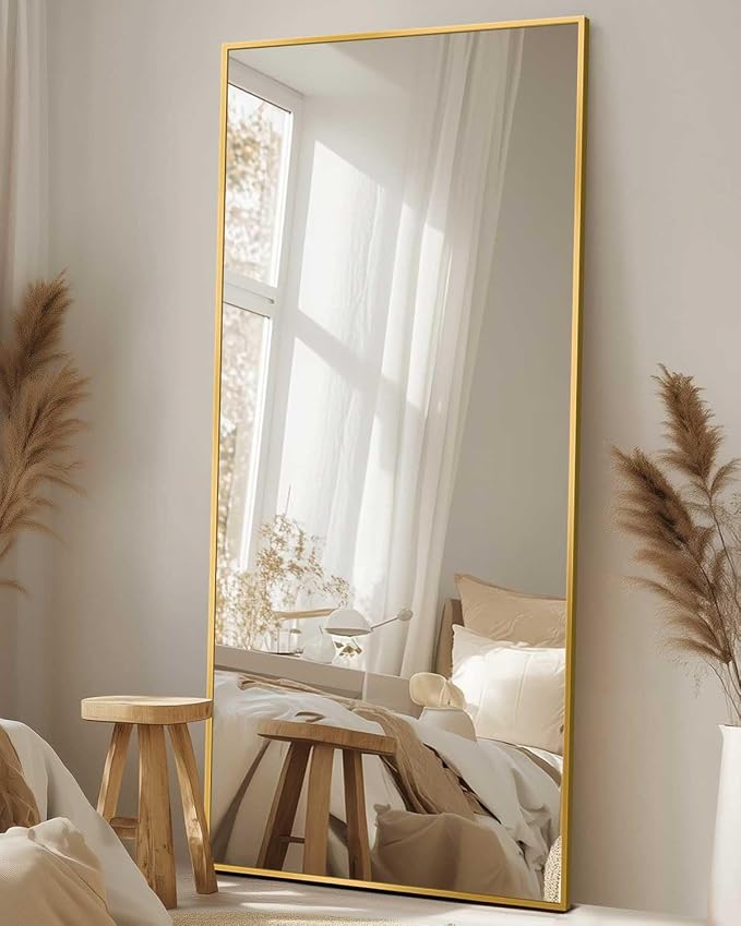 Antok Full Length Mirror, 58"x21" Floor Mirror with Stand, Gold, Rect - Image 9