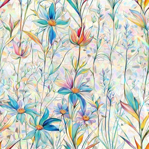 Finnez Stained Glass Window Film, Rainbow Sticker Blue Lotus 45.2″ x 78.7″ by FINNEZ