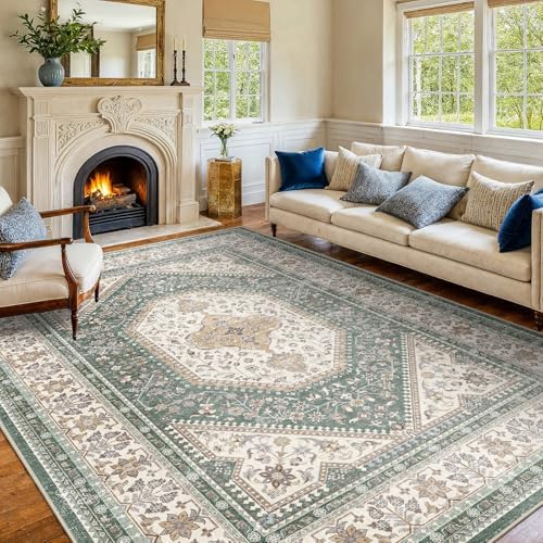 7x9 Washable Area Rug for Living Room - Non-Slip Vintage Rugs Green Beige - Image 2