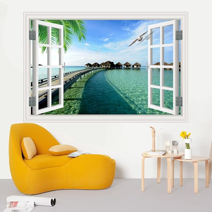 Self-Adhesive Wall Sticker Romantic Living Room Bedroom Study Office Decorative Wall Sticker Ocean Scenery Fake Window Sticker Mural (36"×48", Maldives) - Image 4