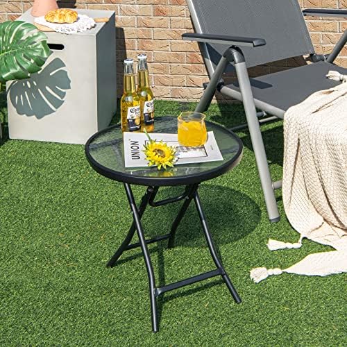 GIANTEX Round Folding Side Table, Patio Table w/Tempered Glass Tabletop - Image 2