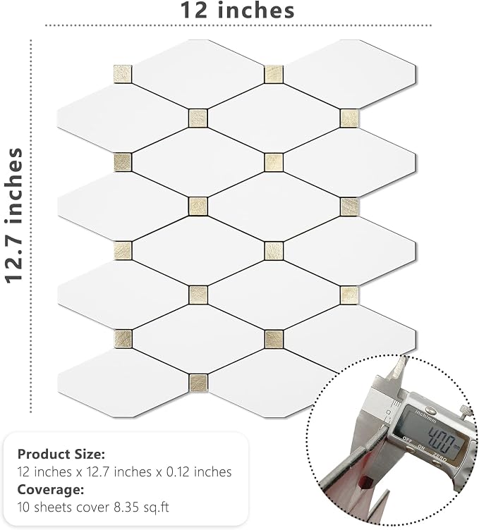 STICKGOO 1 Sheet Peel and Stick Backsplash, Pure White Marble Look PVC Mixed Metal Gold Kitchen Backsplash, Stick on Backsplash Wall Tiles for Kitchen, Bathroom, RV - Image 6